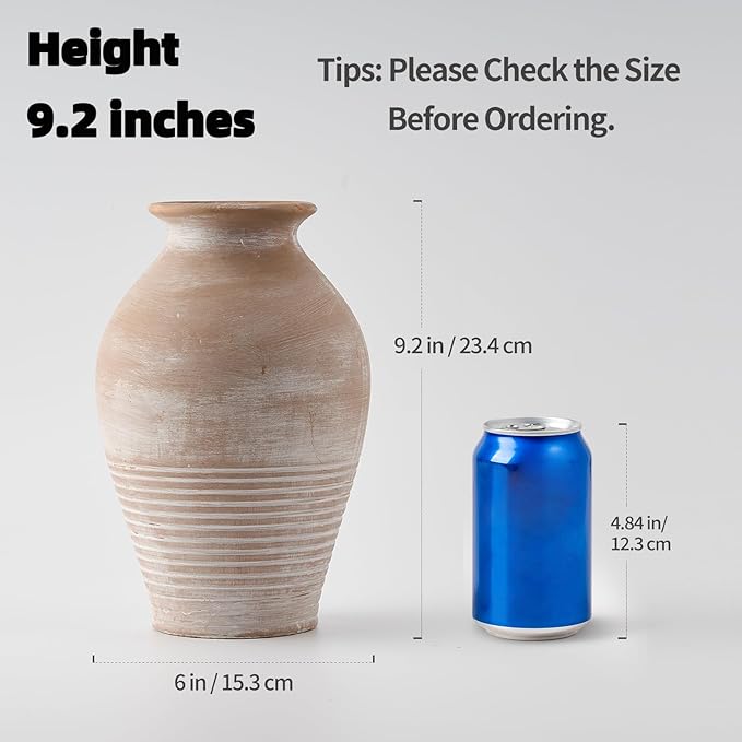 LUKA Ceramic Rustic Farmhouse Vase, 9.2 inch Whitewashed Terracotta Vase, Pottery Decorative Flower Vases,Clay Decorative Vases for Home Decor, Table, Living Room, Shelf, Mantel Decoration