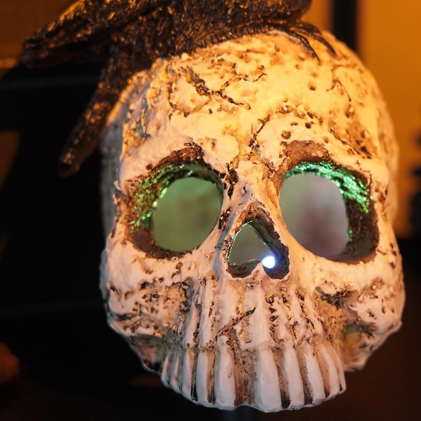 LED Light Raven on Skull Statue - Crow on Skull Figurine Home Decor with LED Light Up Glowing Eyes