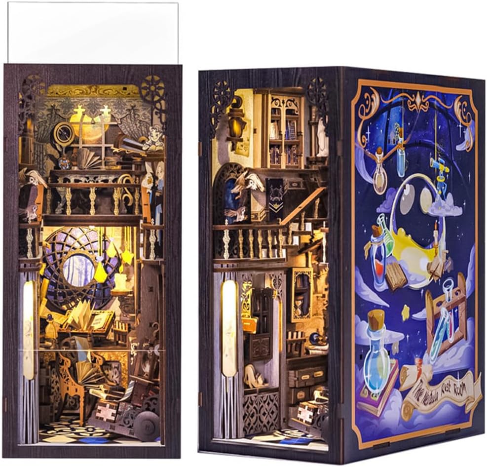 Fsolis Book Nook Kit DIY Miniature House Kit, 3D Wooden Puzzles for Adults, 350pcs, Booknook Magic Bookshelf Decor Decoratvie Bookends Tiny House Gifts for Women Teens Book Lovers(Nebula Common Room)