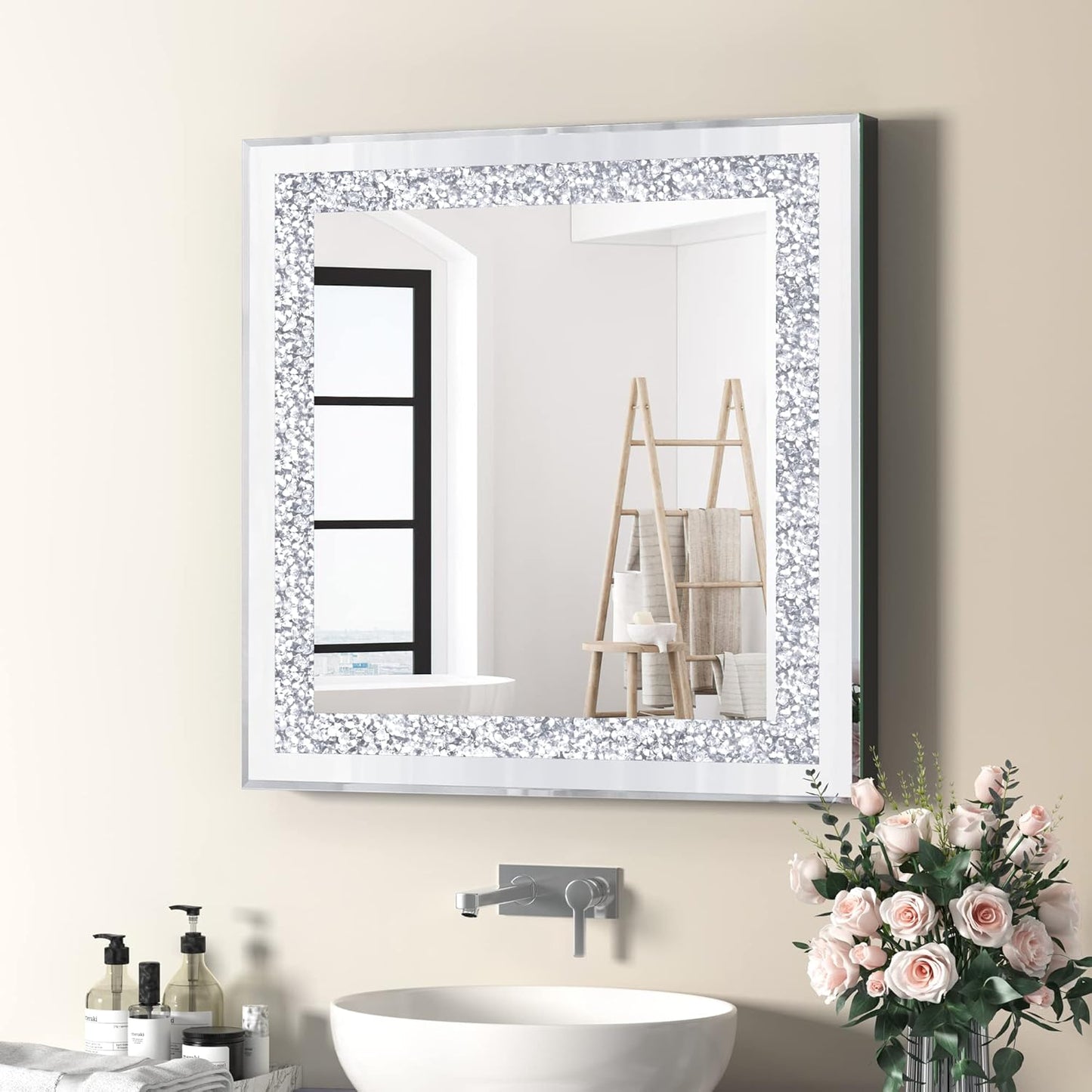 Crystal Decorative Mirror-24 x24 Rectangle Gorgeous Silver Mirror, Crush Diamond Mirror for Wall Decoration Bedroom, Hallway, Dining Room