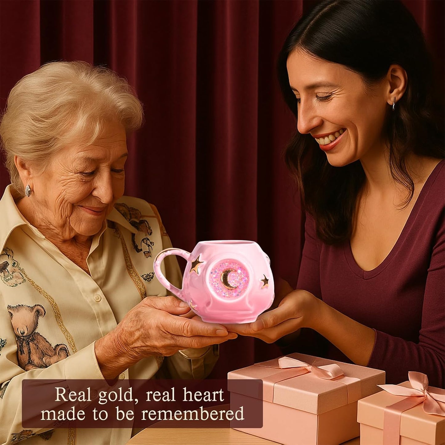 Handmade Coffee Cup 400ML with Fancy Tarot Star/Moon Design, Fashion Starry Sky Ice Coffee Cup, Gradient Pink Pottery Tea Cup for Home/Office (pink)