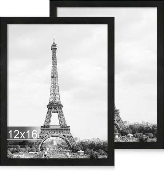 iRahmen 12x16 Picture Frame Set of 2 with Plexiglass, Wood Black Poster Frames Display 12 x 16 Photos for Wall Mounting Horizontal and Vertical