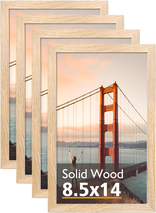KINLINK 8.5x14 Picture Frame Natural, Solid Wood Frames with Acrylic Plexiglass, Tabletop and Wall Display Photo Frame, Set of 4