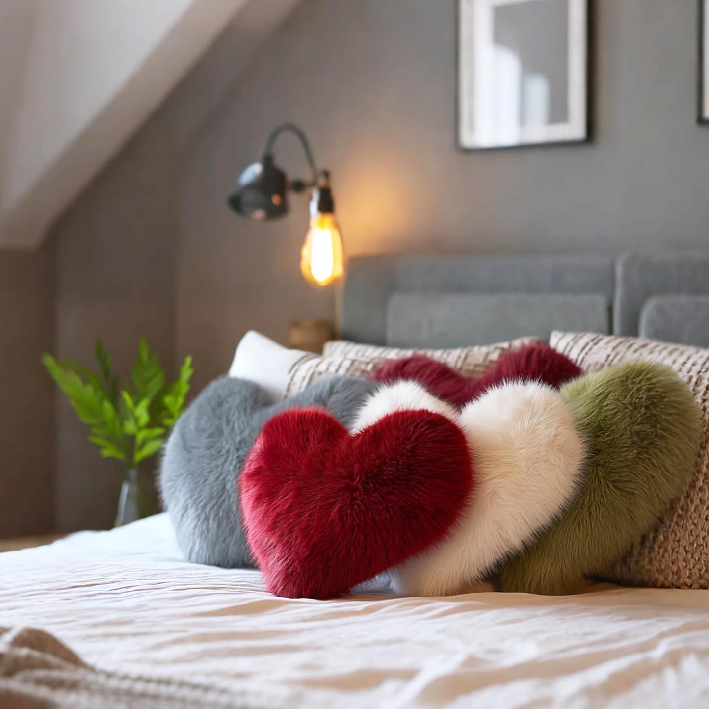 Grey Heart Pillow, Faux Fox Fur Heart Decorative Pillows, Heart Shaped Throw Pillow for Bed, Soft Fluffy Decorative Cushion for Chair Sofa Living Room - Plush Pillow Home Decor