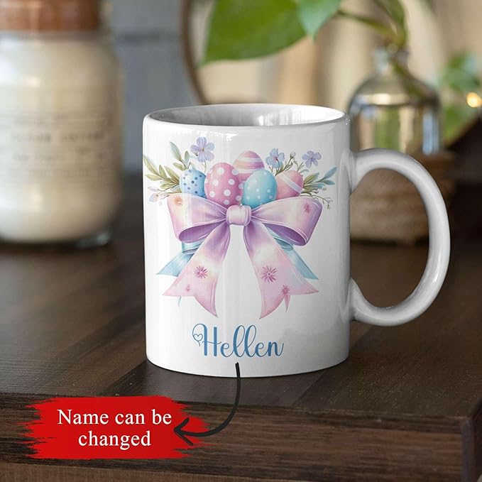 Unique Custom Name Coffee Mug, Spring Flowers and Bow Ceramic Cup 11oz 15oz, Personalized Elegant Bow White Mug, Easter Eggs with Floral Coffee Cup, Gifts for Easter Celebration