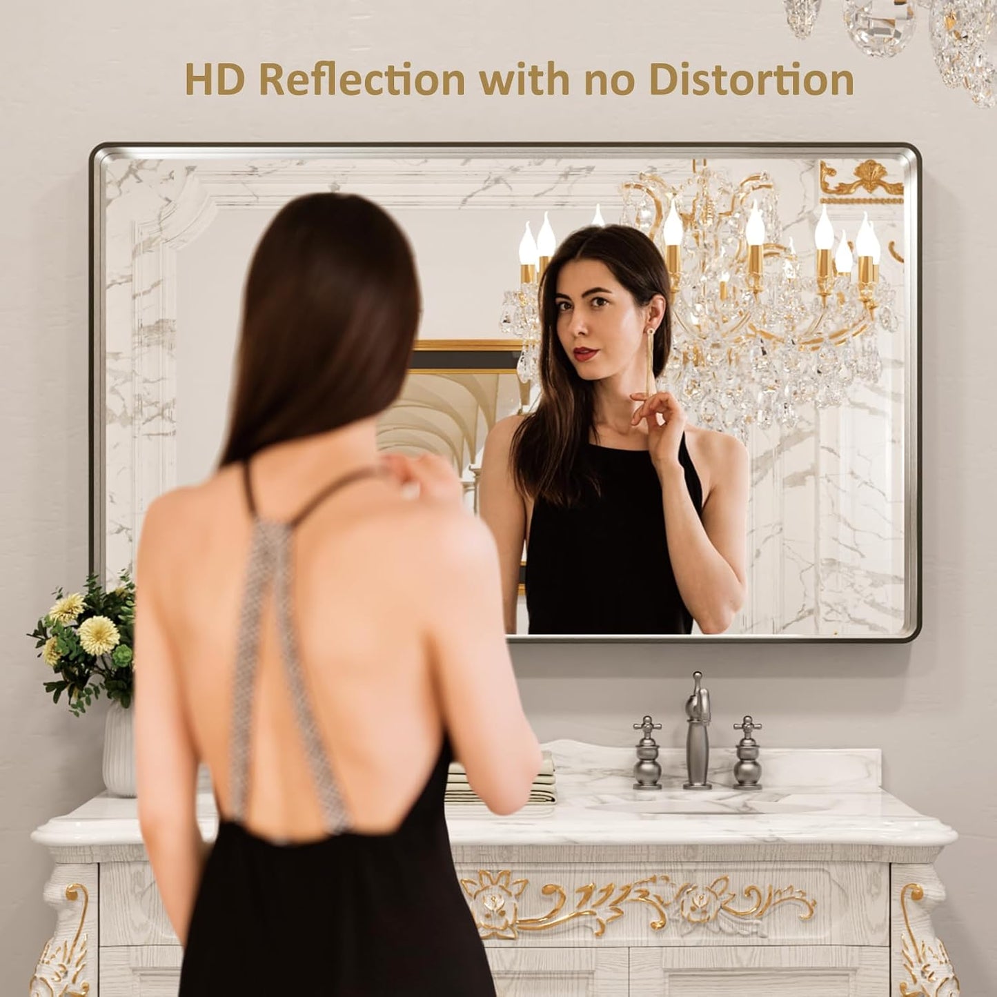 LOAAO 60X28 Inch Brushed Nickel Bathroom Mirror, Rounded Rectangle Silver Metal Frame Mirror, Brushed Nickel, Anti-Rust, Shatter Proof, Hangs Horizontally or Vertically