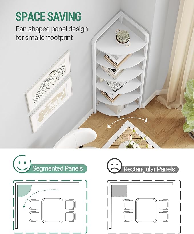 Corner Shelf Stand, Corner Bookshelf, Plant Shelf, Corner Display Rack, Standing Shelf with Metal Frame for Living Room, Bathroom, Kitchen, Industrial Style, 6 Tier White CS06613W