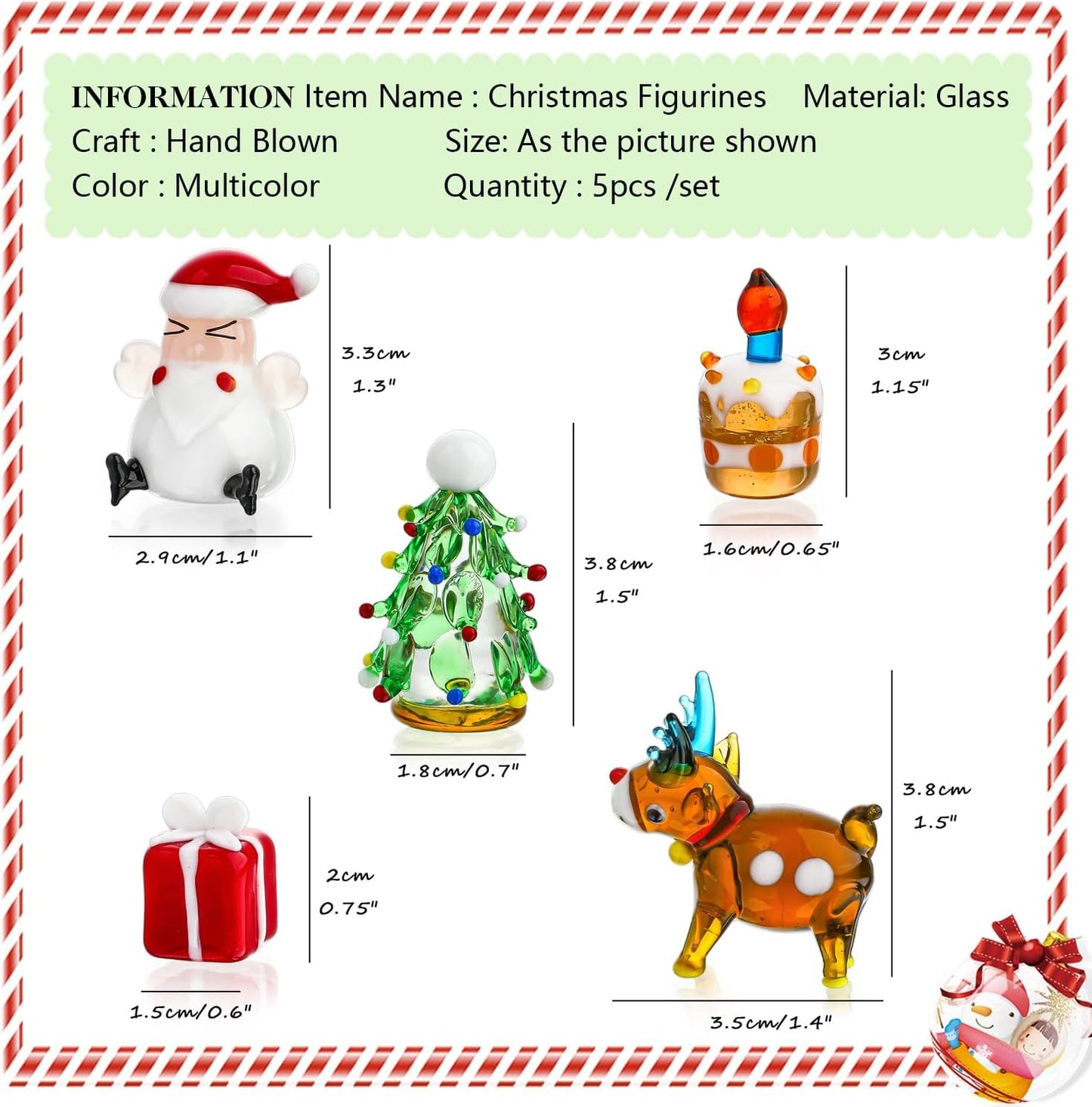 H&D HYALINE & DORA Set of 5 Blown Glass Christmas Figurines Miniature Christmas Holiday Figurines Handmade Christmas Ornaments Table Centerpiece for Home Decorations