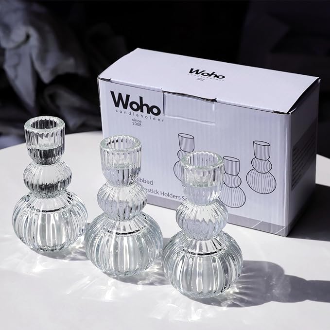 Woho Clear Ribbed Candlestick Holders 4.3" H Set of 6 for Wedding Table Centerpiece, Glass Taper Candle Holders for Holiday Home Decor, Vintage Candle Sticks Holder Decor for Thanksgiving Christmas