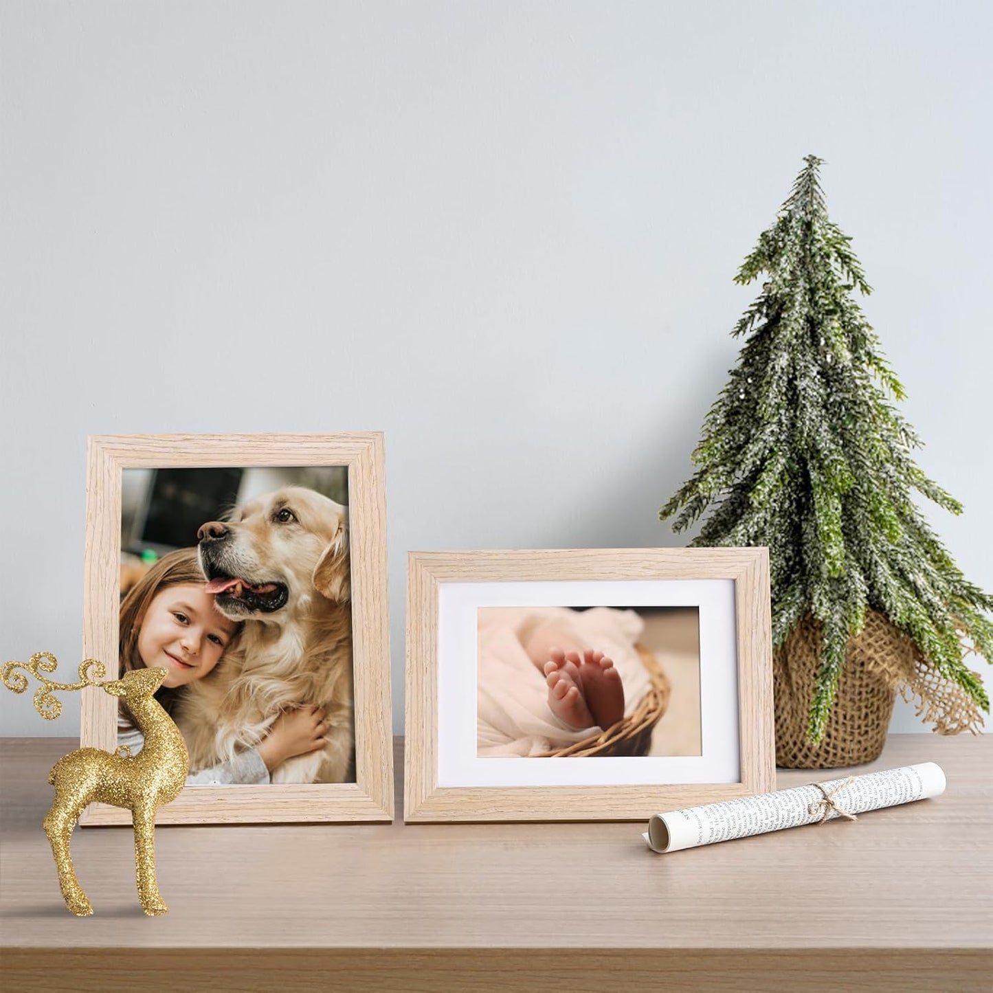 KINLINK A5 Picture Frame Natural, Solid Wood Frames with Acrylic Plexiglass for Pictures 4x6 with Mat or A5 without Mat, Tabletop and Wall Mounting Display, Set of 4