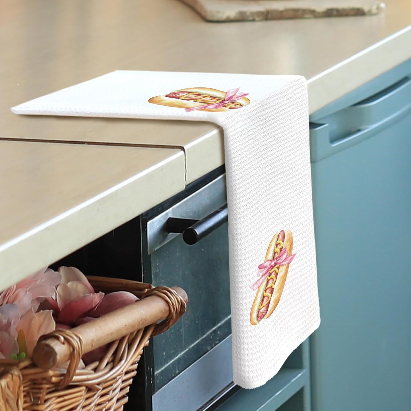 Coquette Bow Hot Dog Kitchen Towels - Pink Preppy Inappropriate Dish Towels Gifts for Girl, Girly Trendy Decorative Absorbent Dishcloths Hand Towel for Kitchen Dorm Decor 16x24 Inches