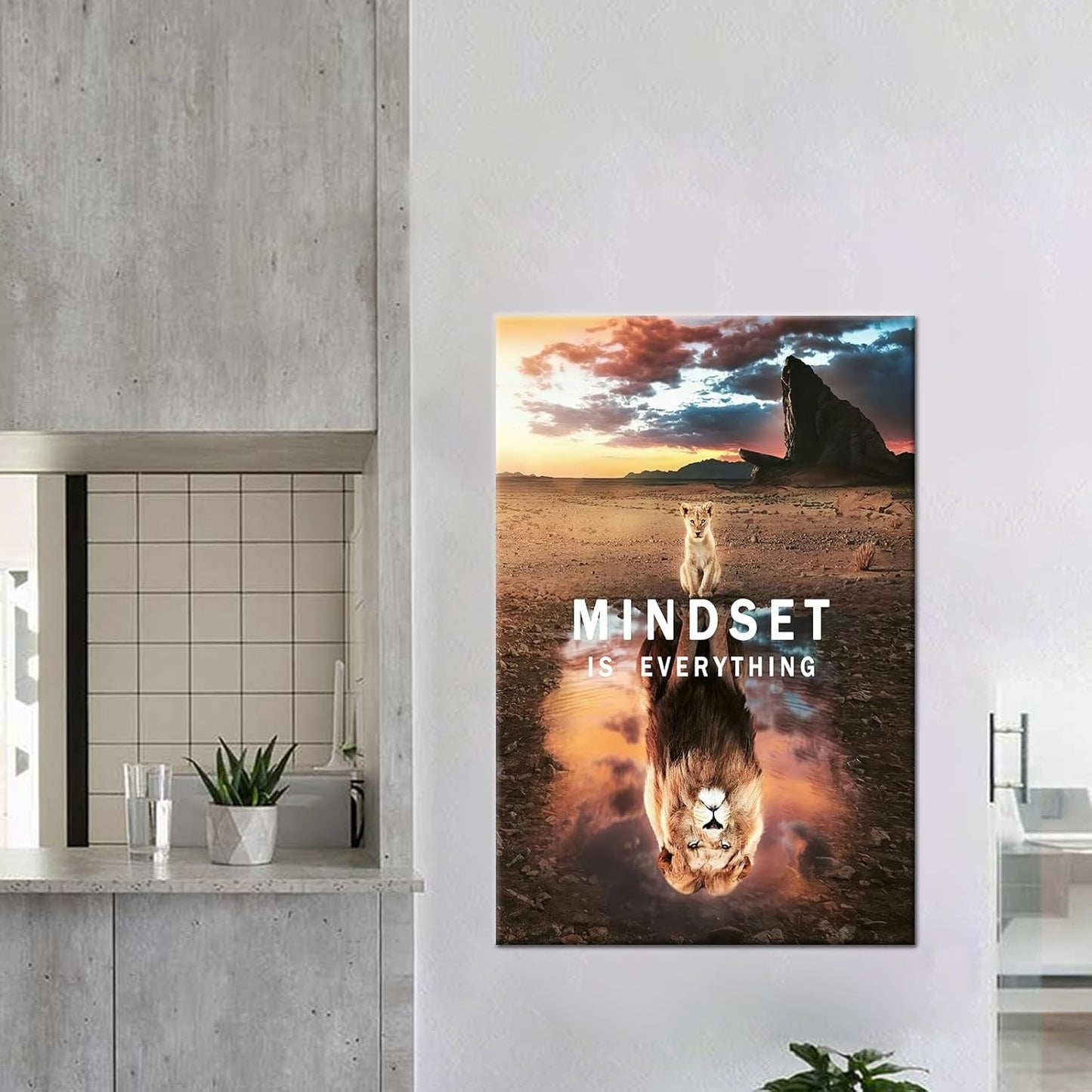 Mindset is Everything Canvas Painting Wall Art Motivational Posters Cute Animal Small Cat Big Lions Picture Prints Inspirational Framed Artwork Modern Home Decor Living Room Bedroom [24''W x 36''H]