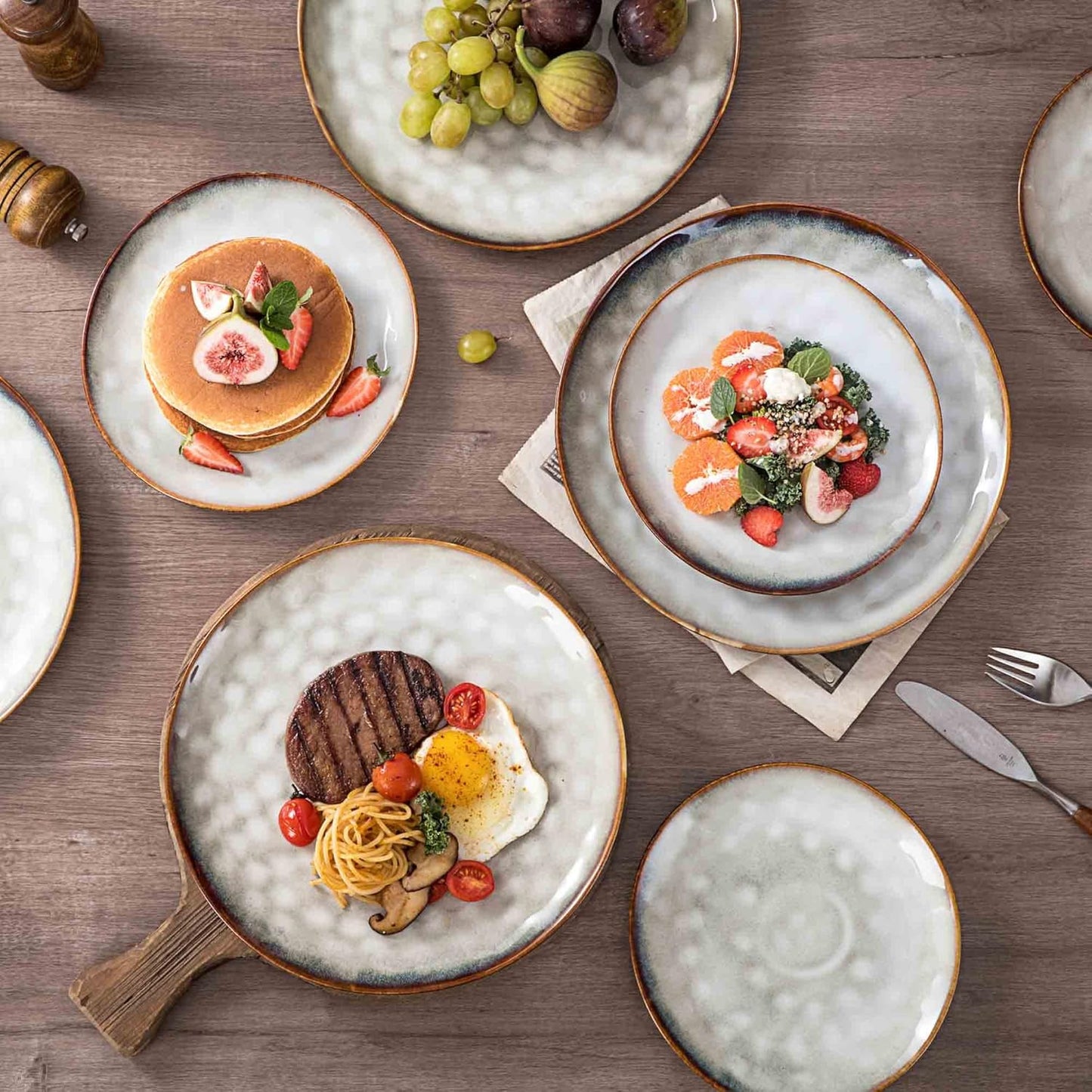 Henten Home Ceramic Dinner Plate Set, 11 Inch Porcelain Pizza, Pasta, Salad Plates, Irregular Shape Steak Plates Set of 4, Stoneware Serving Dishes for Kitchen (White)