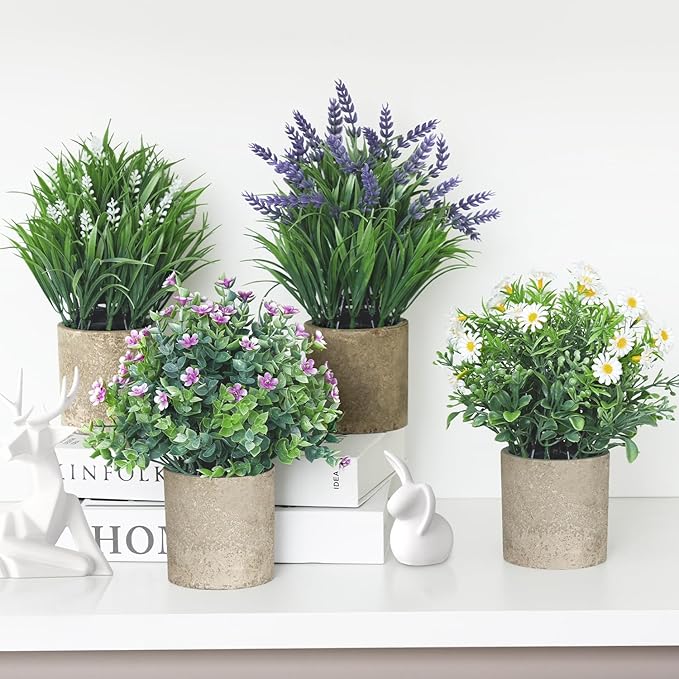 4 Pack Small Fake Plants, Artificial Eucalyptus Leaves with Flowers, Lavender & Daisy with Gray Paper Pulp Pots, Small Faux Potted Plant with Flowers for Home Decor, Indoor&Outdoor Decoration