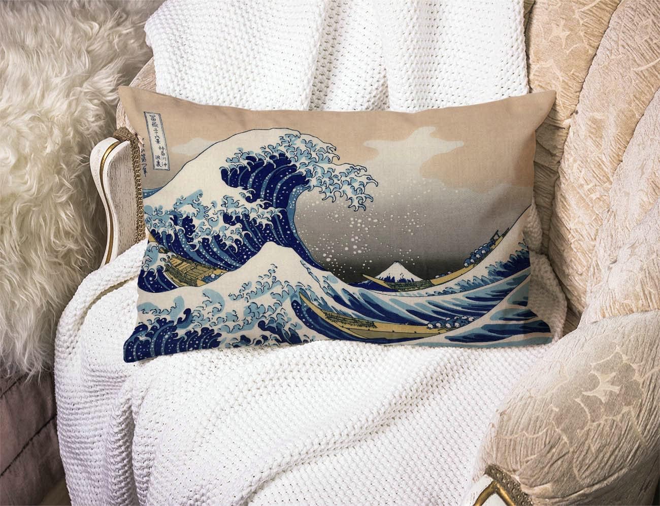 Hokusai The Great Wave Cotton Linen Decorative Throw Pillow Case Cushion Cover Pillowcase for Couch Sofa Bed,12 X 20 Inches
