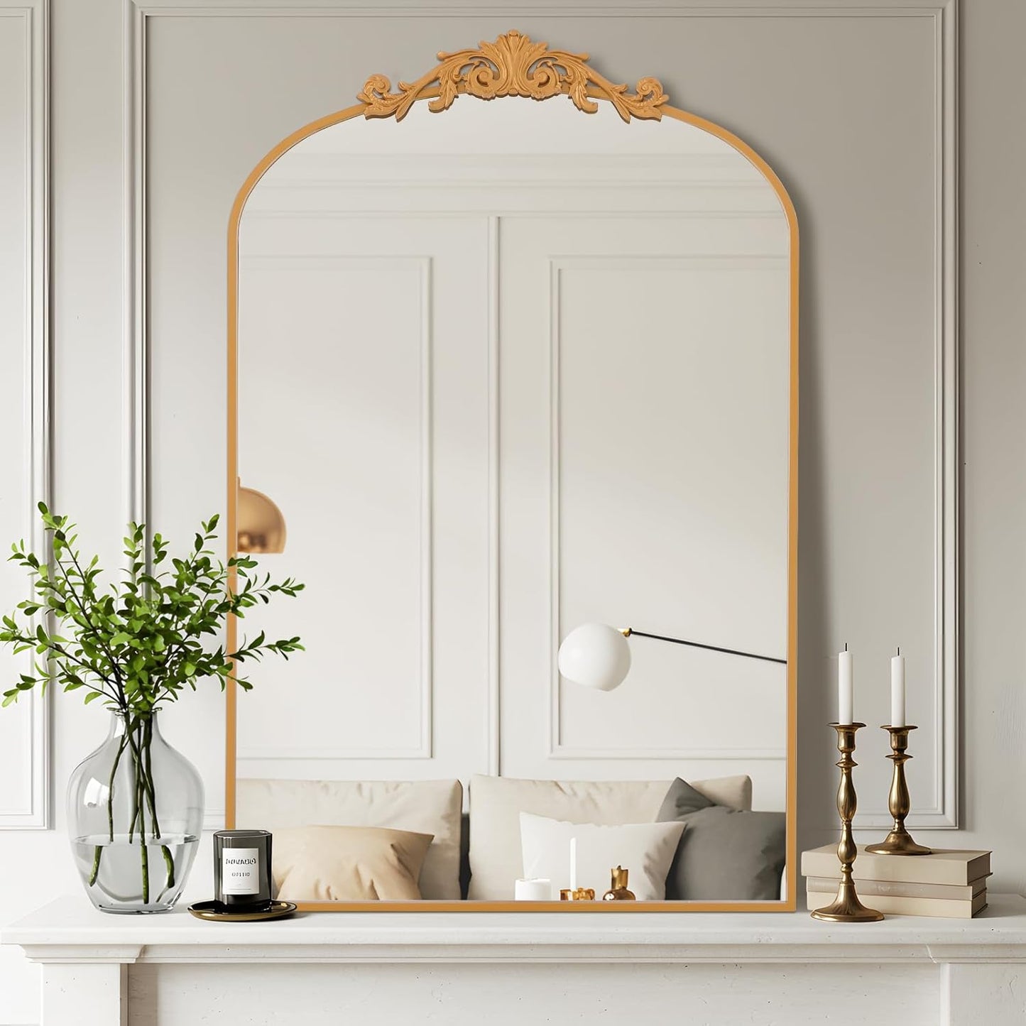 Filigree Arched Wall Mirror 26"x38" Retro Wall-Mounted Mirror with Vintage Ornate Carved Applique Hanging Leaning Antique Home Decor Mirror for Fireplace Living Room Entryway Hallway Bathroom, Gold