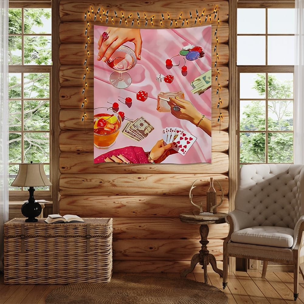 Medpol Retro Casino Night Tapestry Pink Poker Dice Cocktail Wall Hanging Vintage Gambling Aesthetic Decor Tapestries Unique Boho Home Accent Piece for Bedroom Living Room 50x60inch