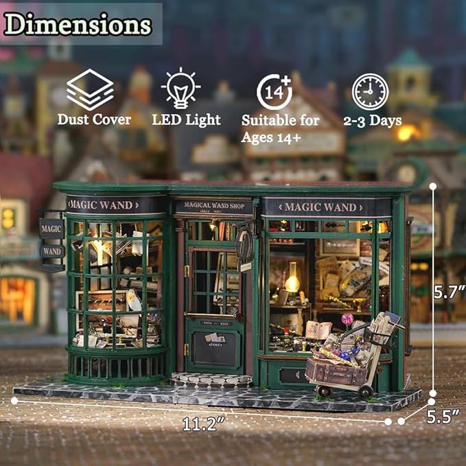 TuKIIE DIY Miniature Dollhouse Kit with Furniture, 1:24 Scale Creative Room Opened & Closed Movie Inspired Wooden Doll House Plus Dust Proof for Kids Teens Adults(Magical Wand Shop)