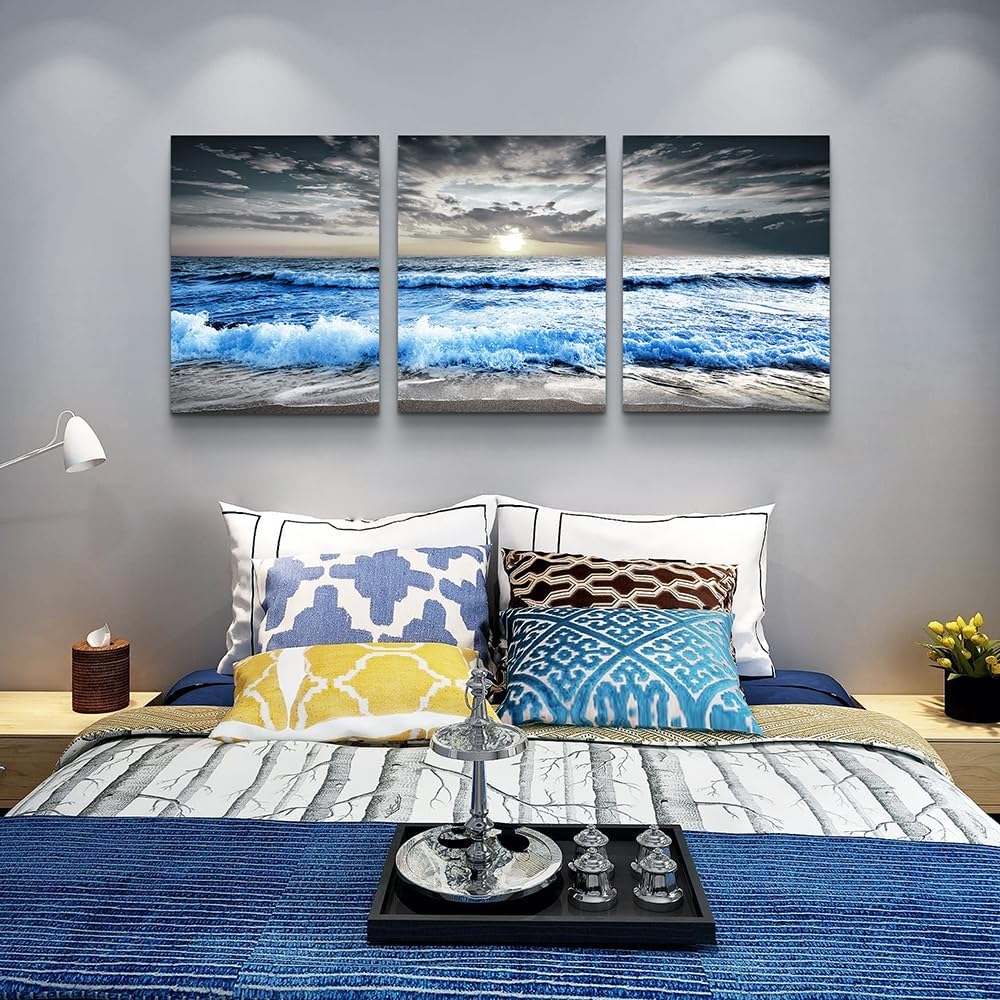 MHARTK66 Black and White Wall Art For Living Room Blue sea waves Canvas Wall Decor for Home Decor artwork painting 16" x 24" 3 Pieces Canvas Print For bedroom Decor Modern Salon kitchen Painting
