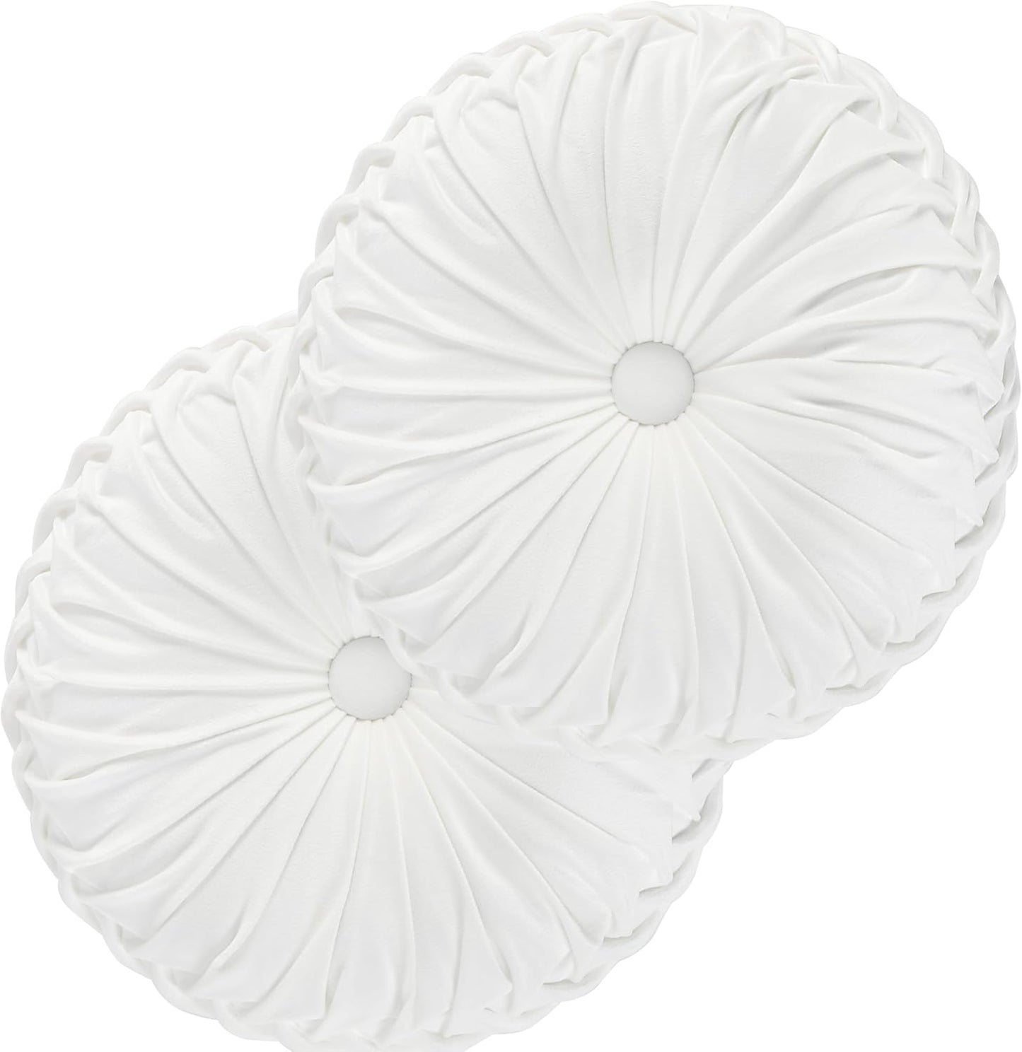 HIG Set of 2 Decorative Round Pleated Throw Pillows, Classy Accent Pumpkin Throw Pillows with Center Button, Vintage Velvet Floor Pillows for Sofa Vanity Chair Bed, White, 14.5" Diameter(Ripple)