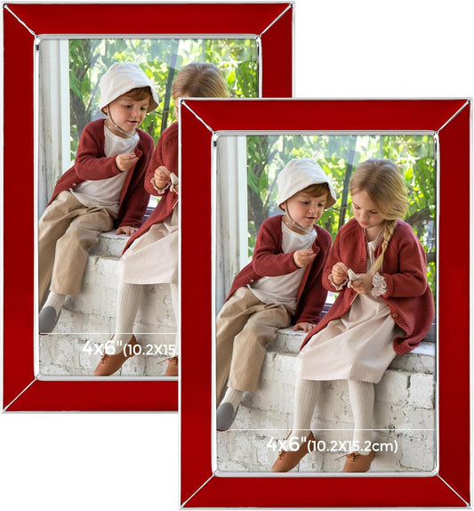 Frametory Enamel Picture Frame - 4x6 Silver Metal Edge Red Enamel Picture Frame With Easel and Velvet Back for Tabletop Display, Bookshelf, 4x6 Wall Decoration, Photo Frames, Picture Display-2 Set