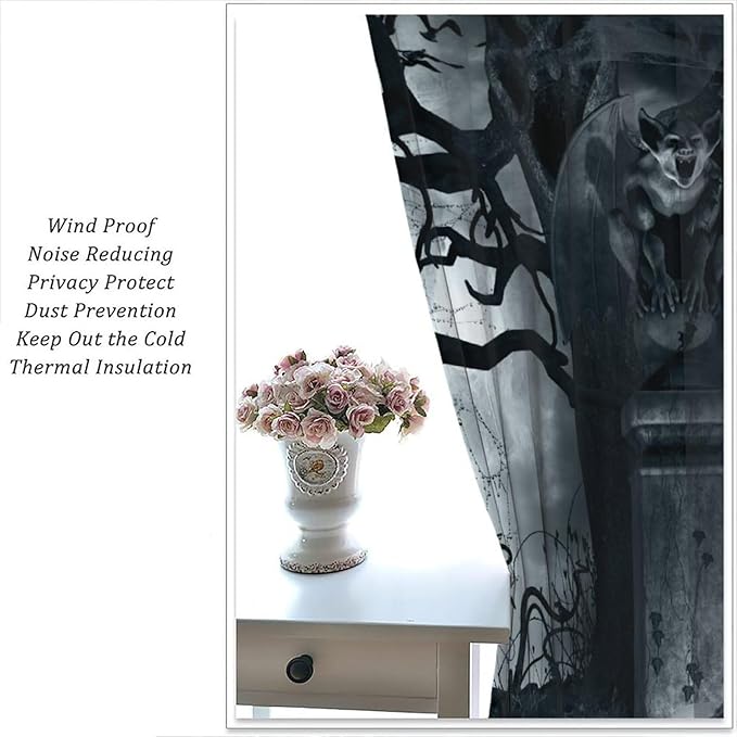 Gothic Blackout Curtains, Halloween Creepy Horror Gargoyles Bat Pumpkin Skeleton Pattern Drapes Window 2 Panel Rod Pocket Curtain for Bedroom Living Room Decor 21" W X 63" L