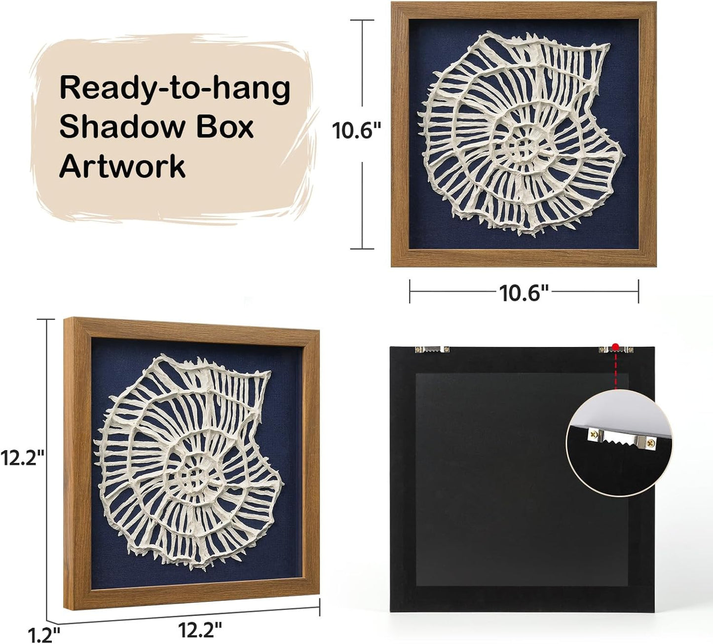 FOLKOR Beach Wall Art Decor for Living Room Bedroom Guest Room, 12" Framed Seashell Shadow Box Art with Blue Background, 3D Coastal Wall Hanging Accent for Entryway Staircase Exhibition Gallery Wall