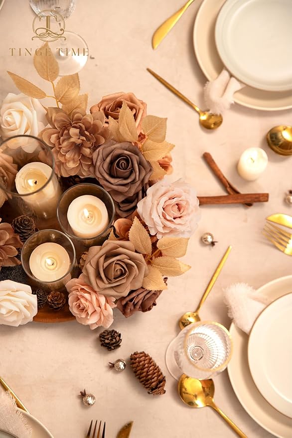 TINGE TIME Artificial Flowers, Fake Rose Silk Dahlia with Stems for DIY Bridal Wedding Bouquets Baby Shower Floral Arrangements Centerpiece Table Party Home Decorations(Dark Milk Tea)