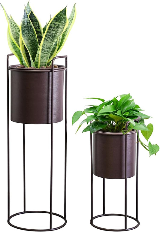 TRIROCKS Set of 2 Planters with Stand Large Metal Planter for Indoor Plants 28 &18" H Plant Pots for Living Room Corner Kitchen Office Garden Balcony Patio Decor(Brown)