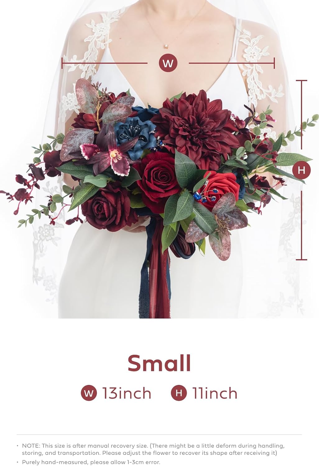 Ling's moment Burgundy Navy Blue Wedding Bouquets for Bride, Jewel Tone Bridal Bouquets for Bride, 13 Inch Free Form Artificial Wedding Flower Bouquet