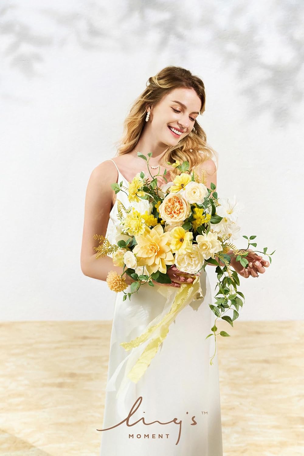 Ling's moment Yellow Bridal Bouquet for Bride, Yellow Wedding Bouquets for Bride, 15 Inch Summer Bridal Bouquets Artificial Wedding Flower Bouquet