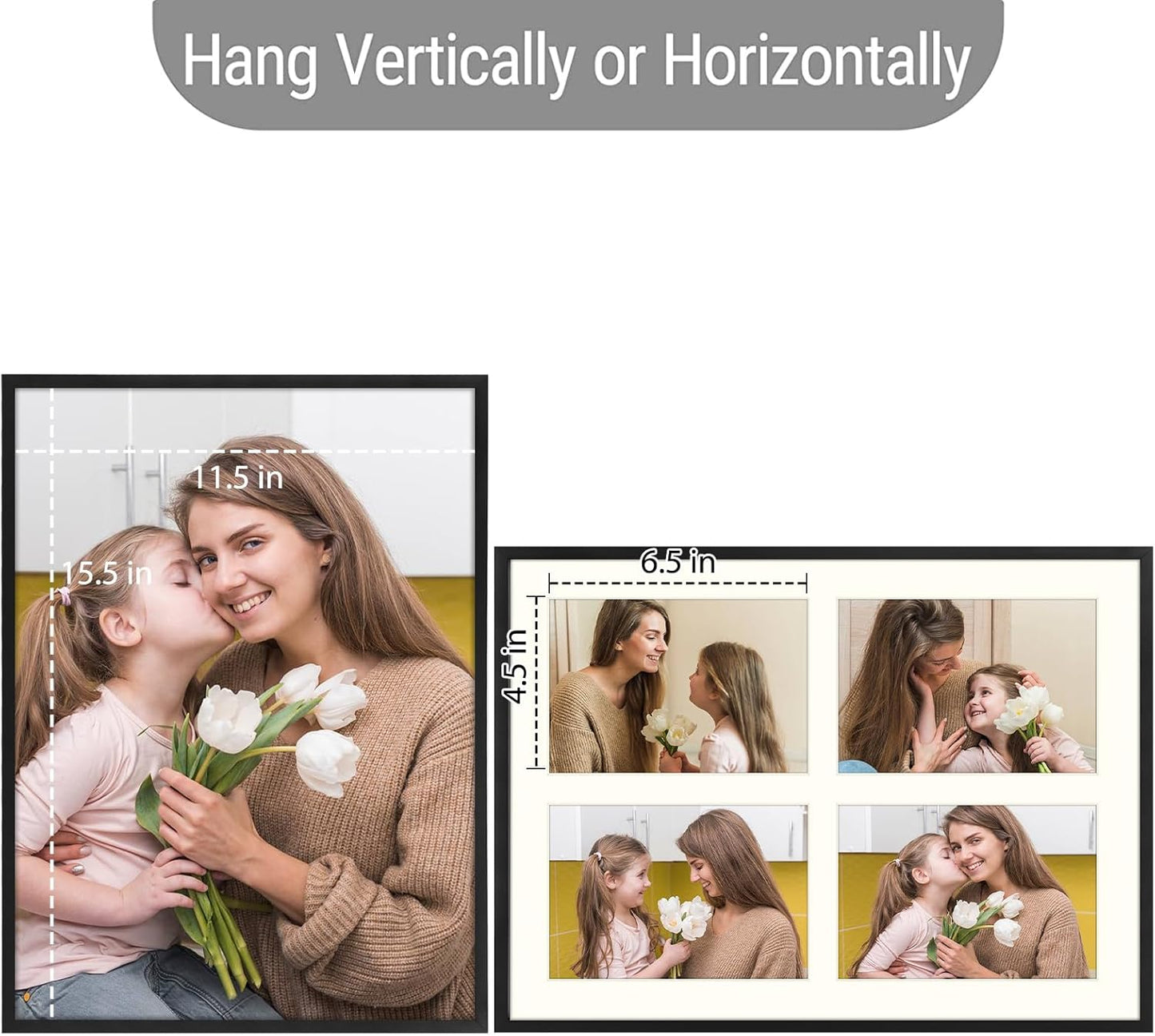 Frametory - 12x16 Aluminum Collage Picture Frame - Display 5x7 Pictures with 4 Openings Mat - Real Glass Front - Horizontal/Vertical Wall Mount - Black 1 Pack