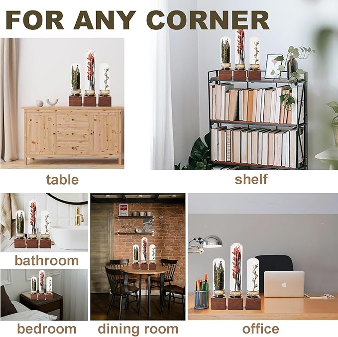 3Pcs Dried Flowers Book Shelf Decor,Boho Shelf Decor,Small Plants Decor for Office Shelves,Natural Forest Green Plants Decor with Wooden Base,Rustic Farmhouse Decor,Unique Gifts for Women,Friends