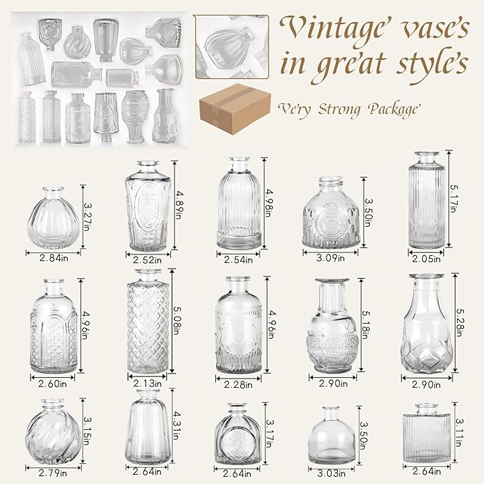 Glass Bud Vase 15 Pcs for Centerpieces Wedding,Home Decor,Bud Vases in Bulk for Flowers,Small Vases for Christmas,Birthday Party,Wedding,Valentine's Day,Mother's Day,Other Events Decorations(Clear)