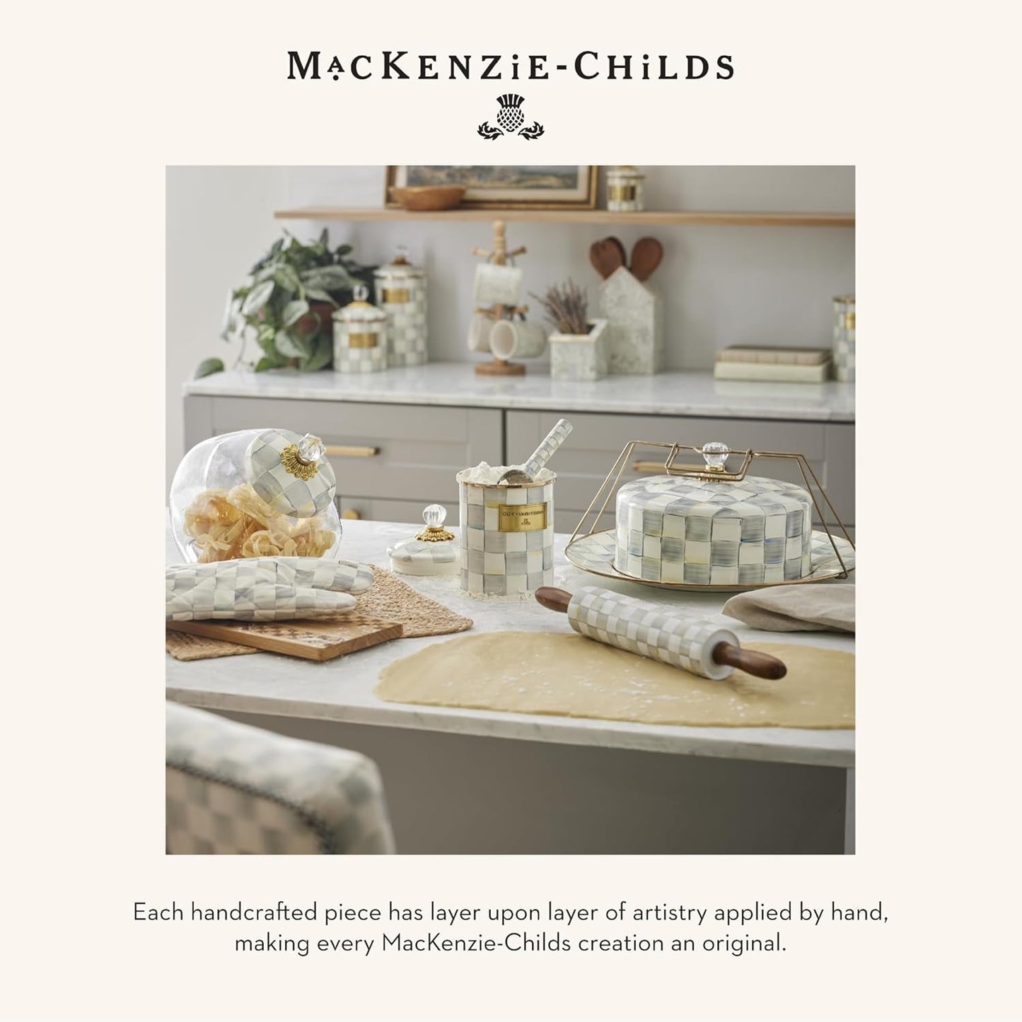 MACKENZIE-CHILDS Enamel Teacup, Unique Coffee and Tea Mug, Enamel Cup for Hot Tea, 10 Ounces, Gray-and-White Sterling Check