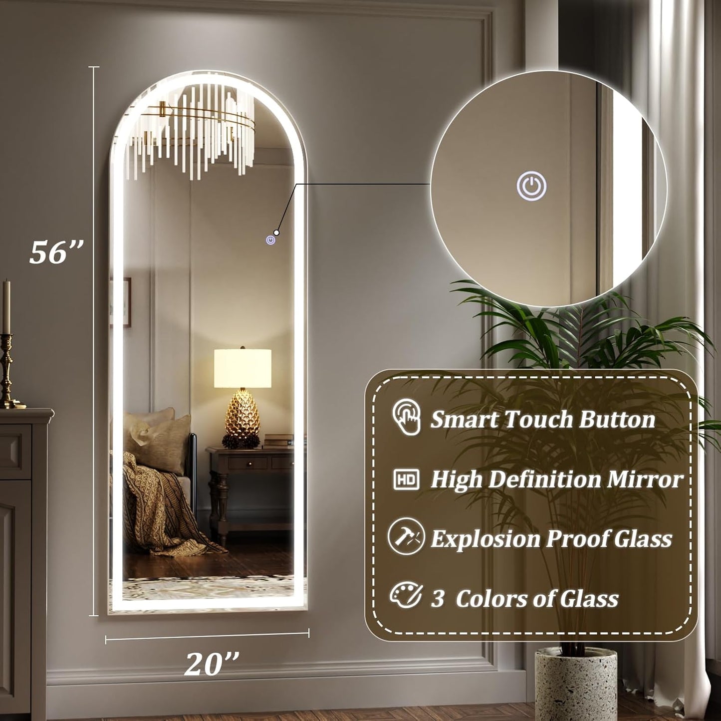 LED Arched Full Length Mirror with Lights 63"x20" - Lighted Floor Mirror with Dimming & 3 Color Lighting, Aluminum Frame Standing Leaning or Hanging for Bedroom Cloakroom White