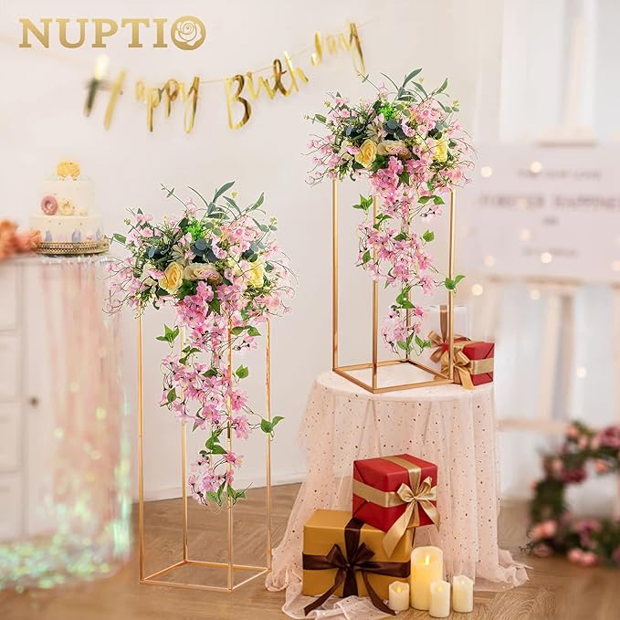 NUPTIO 2 Pcs Metal Flower Floor Vase Column Geometric Centerpieces Flower Stand for Tables, 31½ inch Tall Gold Flower Holder for Home Party Wedding Decorations, Rectangular Display Rack