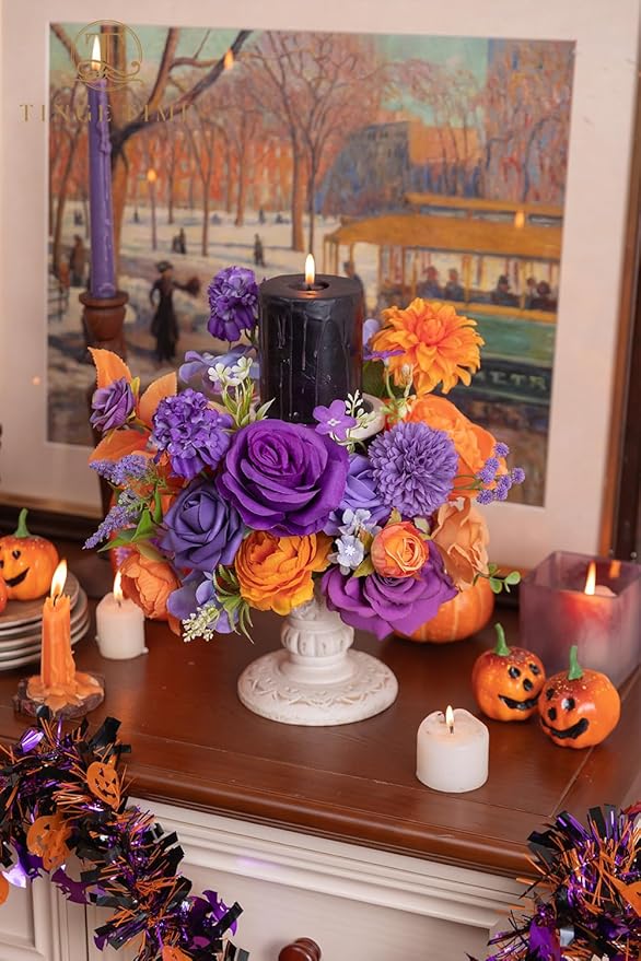 TINGE TIME Rose Artificial Flowers Combo, Fake Foam Roses with Stems for DIY Autumn Wedding Bridal Shower Party Table Centerpieces Fake Floral Arrangement Home Decor(Burnt Orange and Purple)