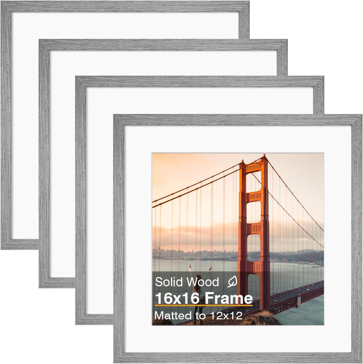 KINLINK 16x16 Picture Frame, Grey Square Solid Wood Frames for Pictures 12x12 with Mat or 16x16 without Mat, Wall Display Photo Frames Grey Wood 4 Pack