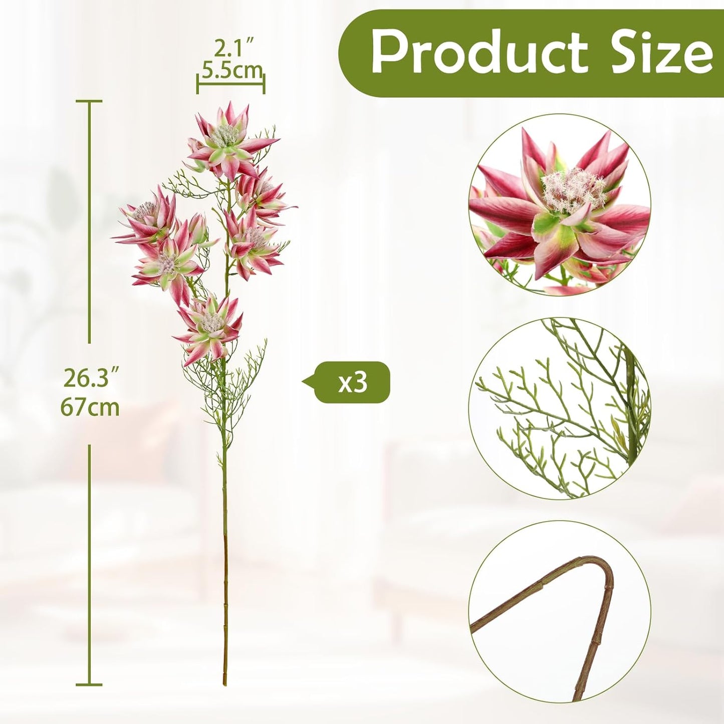 Hollyone 3Pcs Pink Artificial Flowers Silk 26.3" Fake Protea Flower with Long Stem Faux Flowers Arrangement Branch with 6 Heads for DIY Wedding Party Centerpiece Floral Bouquets Table Home Decor