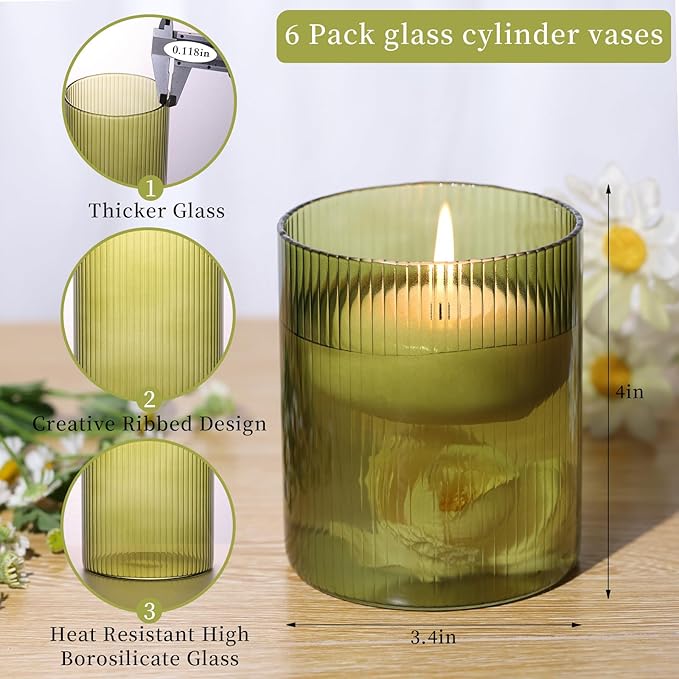 Glass Ribbed Cylinder Vase Set of 6, Bud Vase for Wedding Centerpieces, Green Flower Vases Bulk, Hurricane Floating Candle Holder, Decorative Flower Vase for Table Housewarming Gifts (Green)