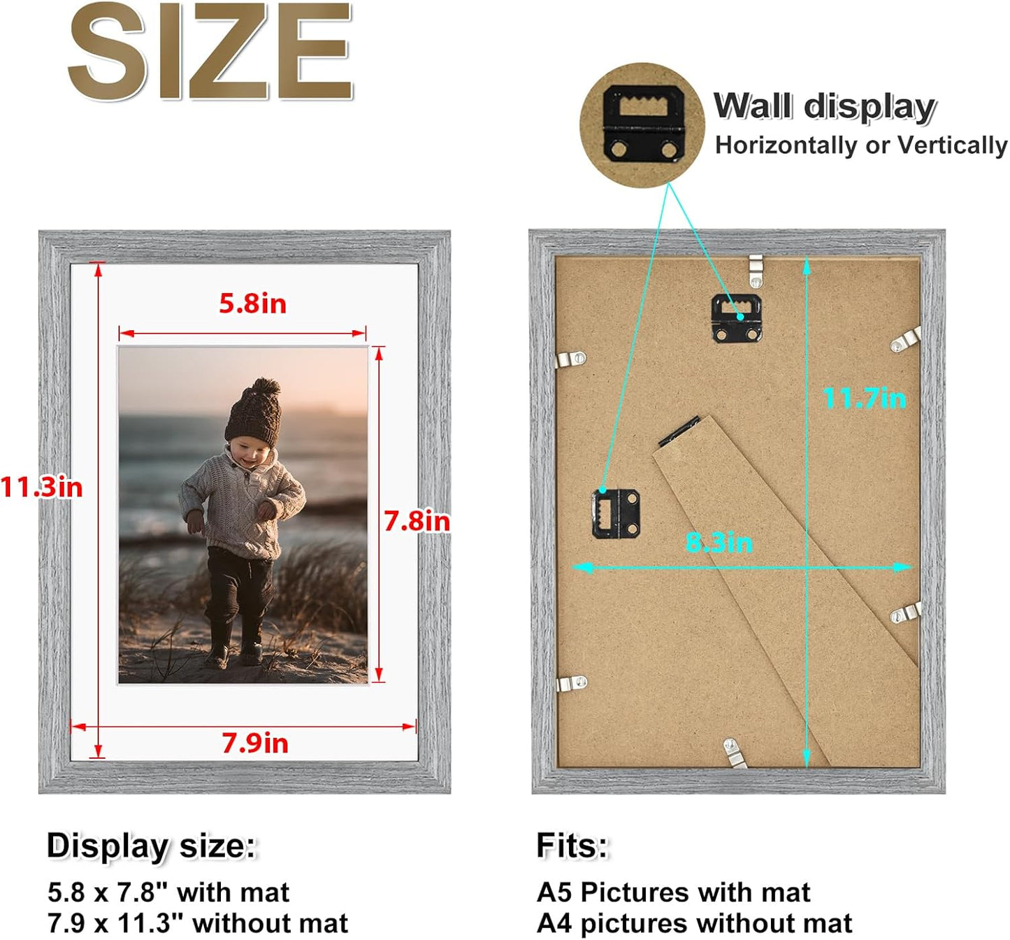 KINLINK A4 Picture Frame, Grey Solid Wood Frames with Acrylic Plexiglass for Pictures A5 with Mat or A4 without Mat, Tabletop and Wall Display Photo Frame 4 Pack