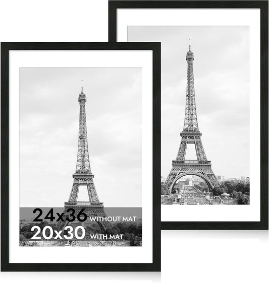 iRahmen 24x36 Poster Frame Set of 2 with Plexiglass, Black Frames Display Picture 20x30 with Mat or 24 x 36 Without Mat, Photo Frames for Gallery Wall Mounting Horizontal and Vertical