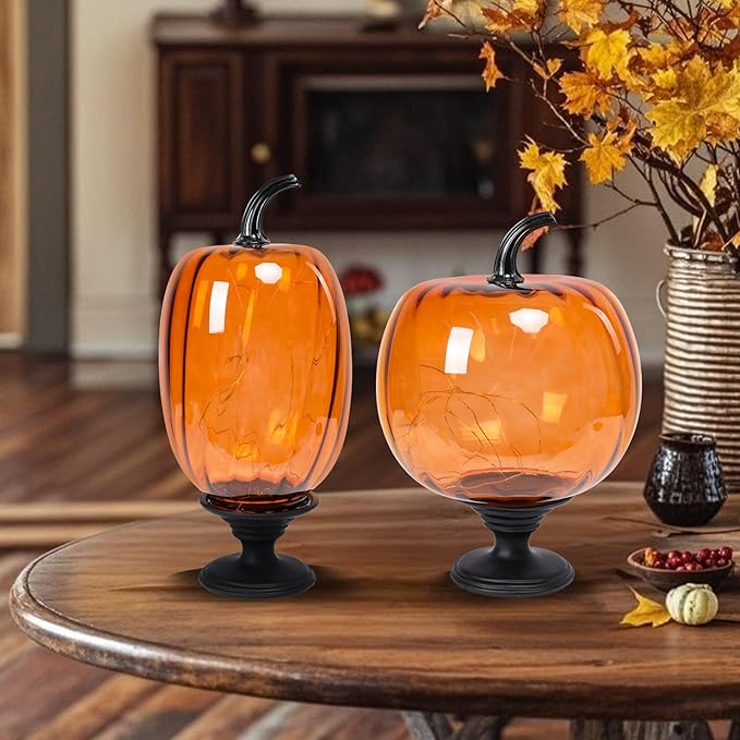 2 Pcs Glass Pumpkin Lights with Pedestal Fall Decor Pumpkins Decoration LED Lighted Collectible Thanksgiving Autumn Harvest Figurine Fall Halloween Decorations for Home Tables Centerpieces Decorative