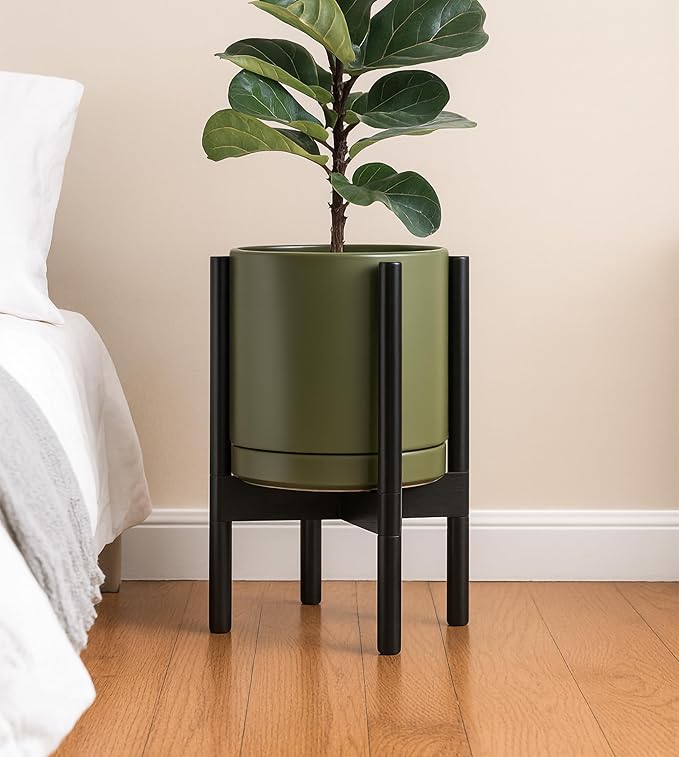 D'vine Dev Ceramic Planter with Ebony Stand - 10 Inch Modern Round Flower Pot with Wood Planter Holder, Olive, 55-B-L-J