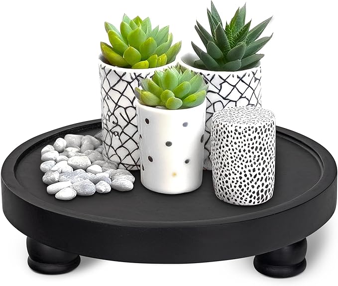 Demigo 10" Acacia Wood Round Tray - Decorative Plant Stand, Farmhouse Countertop Organizer, Multi-Purpose Display Pedestal, Riser Board for Soap, Perfume, Candles, Sponge, Bathroom, Kitchen (Black)