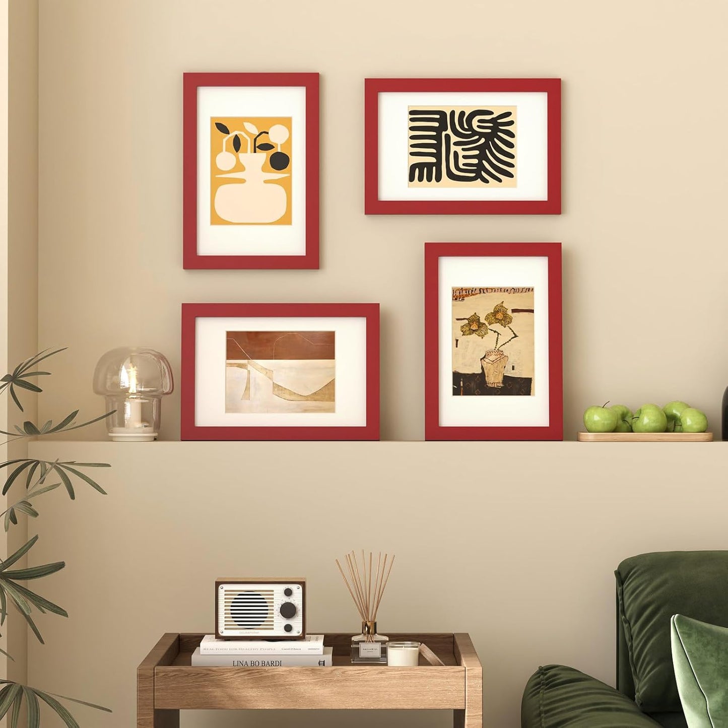 KINLINK 8x12 Picture Frames Red, Solid Wood Frames with Acrylic Plexiglass for 6x8 with Mat or 8x12 without Mat, Tabletop and Wall Display Photo Frame, 4 Pack