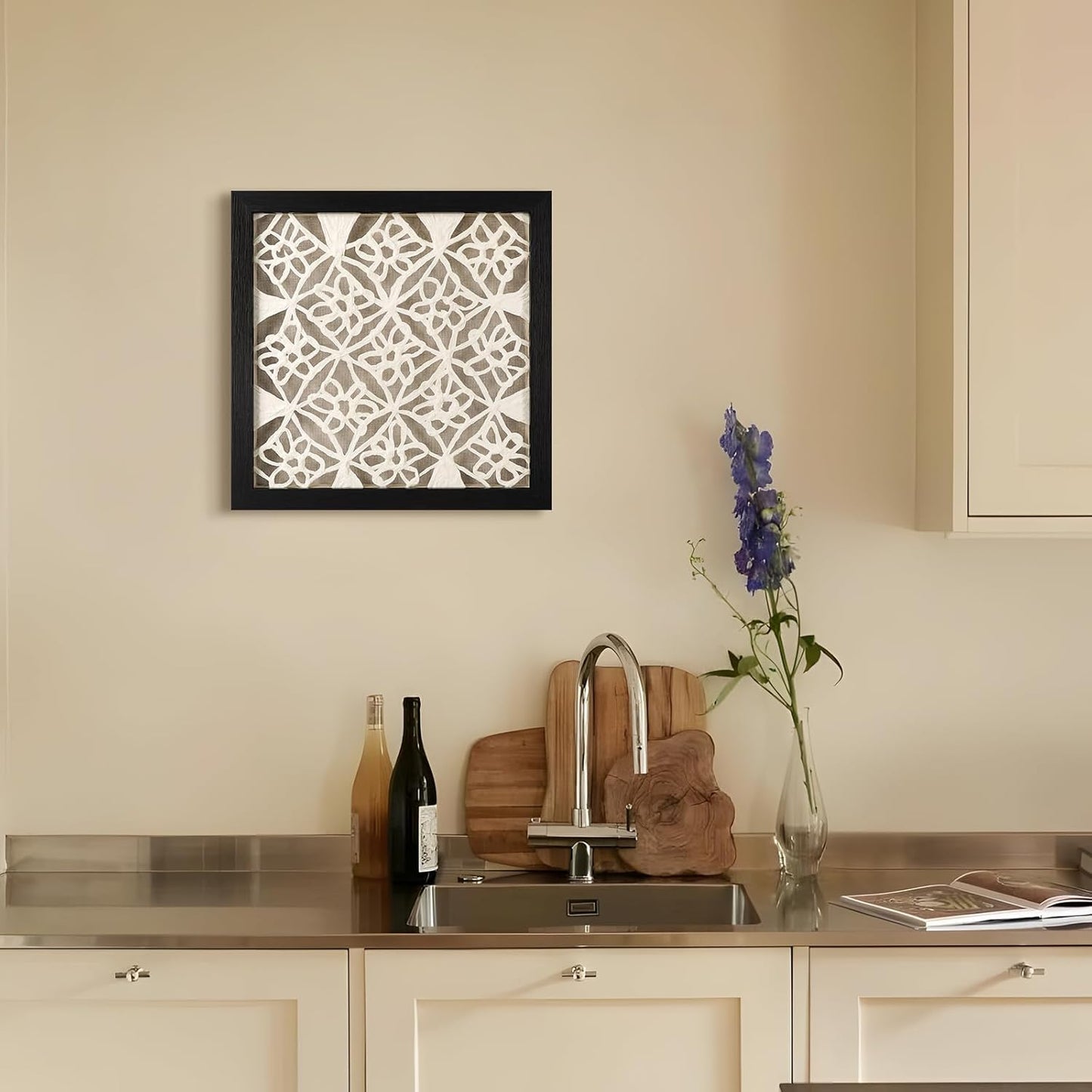 FOLKOR Abstract Black and White Wall Art for Bedroom Decoration, 12" Handmade Rice Paper Geometric Artwork Eclectic Decor, Floating Shadow Box Art for Boho Kitchen Dining Room Nursery Decoration