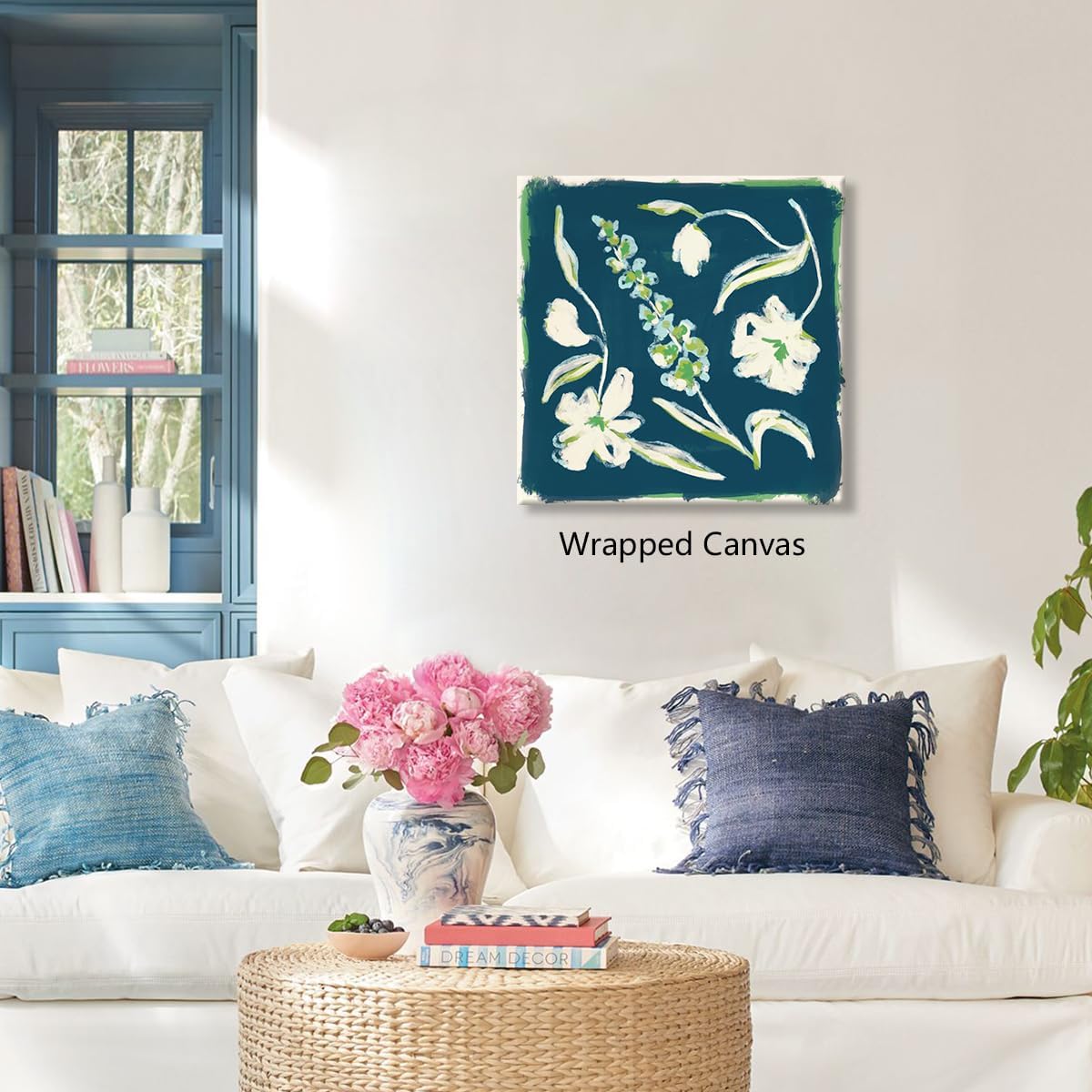 Flower Canvas Wall Art, Blue and Green Floral Aesthetic Poster, Chinoiserie Watercolor Botanical Print, Coastal Grandma Modern Southern Grandmillennial Plant Painting for Wall 16x16in Framed