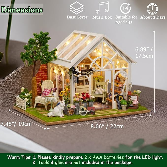 TuKIIE DIY Miniature Dollhouse Kit with Furniture, 1:24 Scale Creative Room Wooden Doll House Plus Dust Proof & Music Movement for Kids Teens Adults(Sunshine Greenhouse)